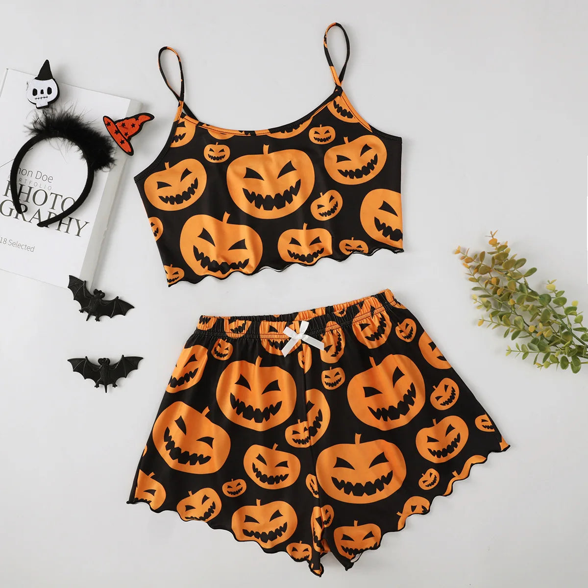 Halloween Devil Pumpkin Print Pajamas Set Short Sleeve Tops and Shorts Set Home Clothes Sleepwear Nightwear