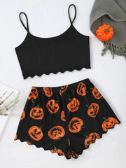 Halloween Devil Pumpkin Print Pajamas Set Short Sleeve Tops and Shorts Set Home Clothes Sleepwear Nightwear