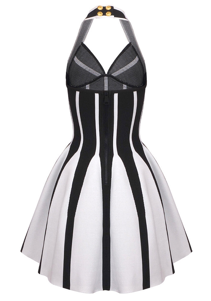 Halter A Line Dress Black White