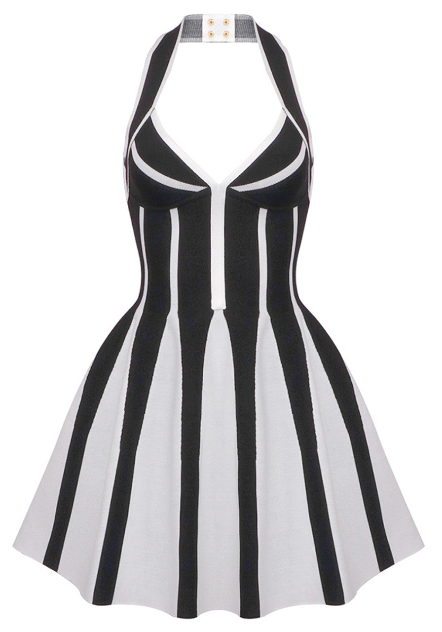 Halter A Line Dress Black White