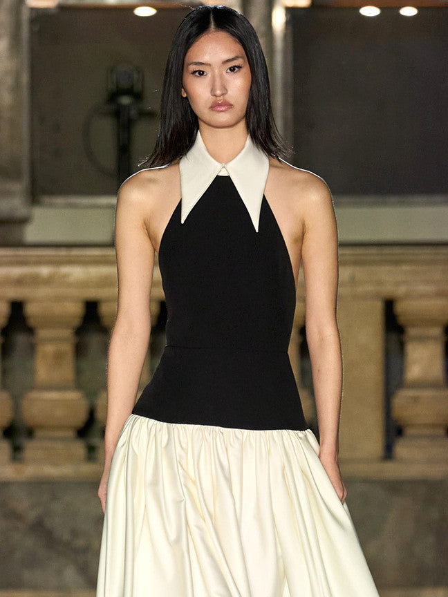 Halter A Line Maxi Dress Black White