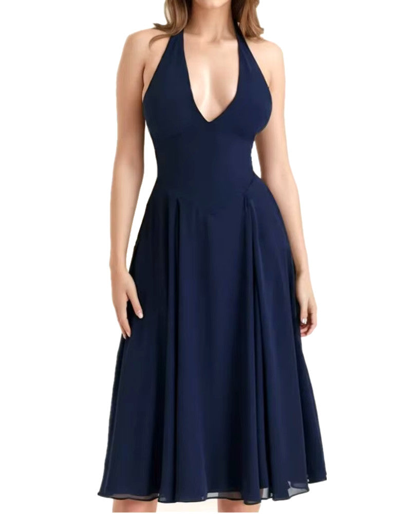 Halter A Line Backless Midi Dress Navy Blue