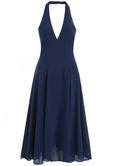 Halter A Line Backless Midi Dress Navy Blue