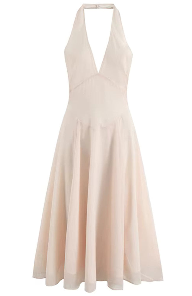 Halter A Line Backless Midi Dress Blush Pink