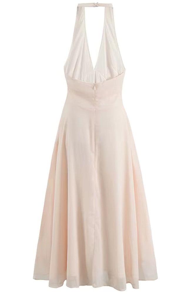 Halter A Line Backless Midi Dress Blush Pink