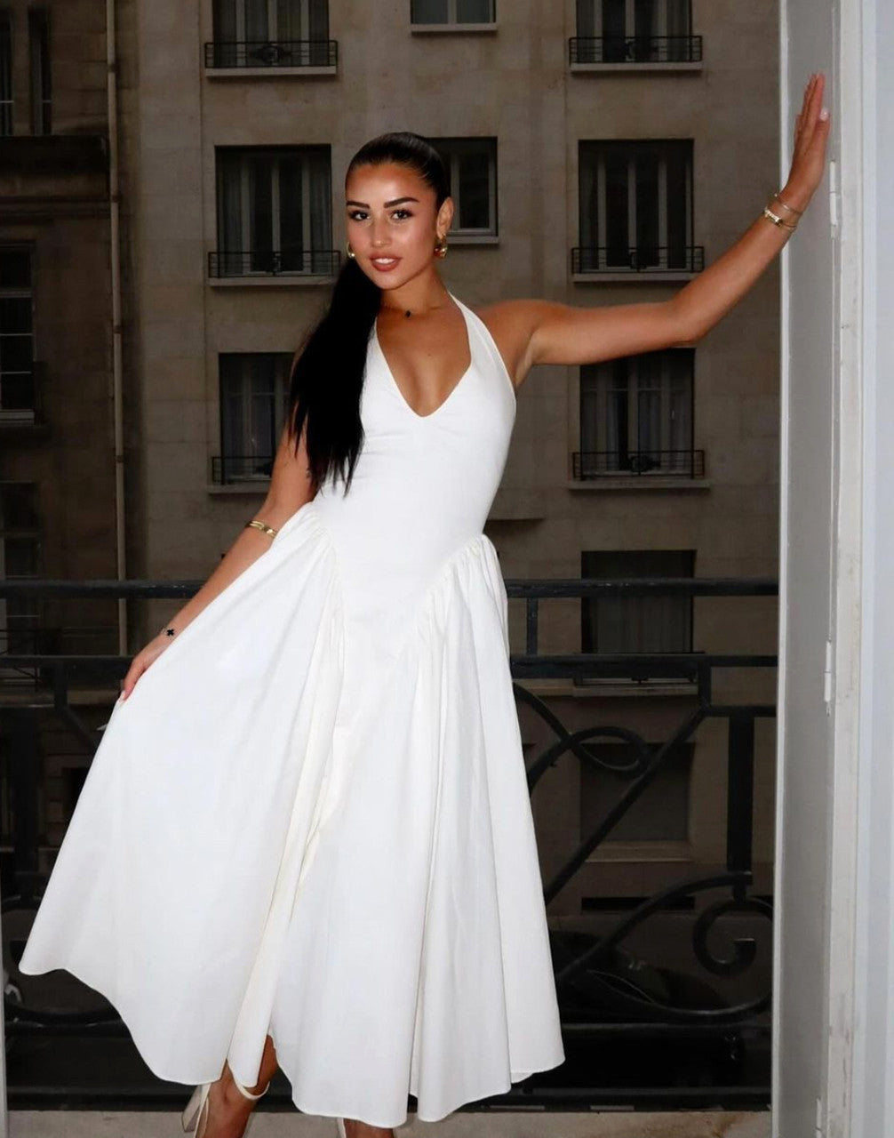 Halter A Line Midi Dress White