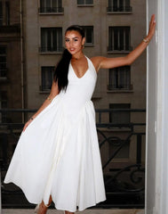 Halter A Line Midi Dress White