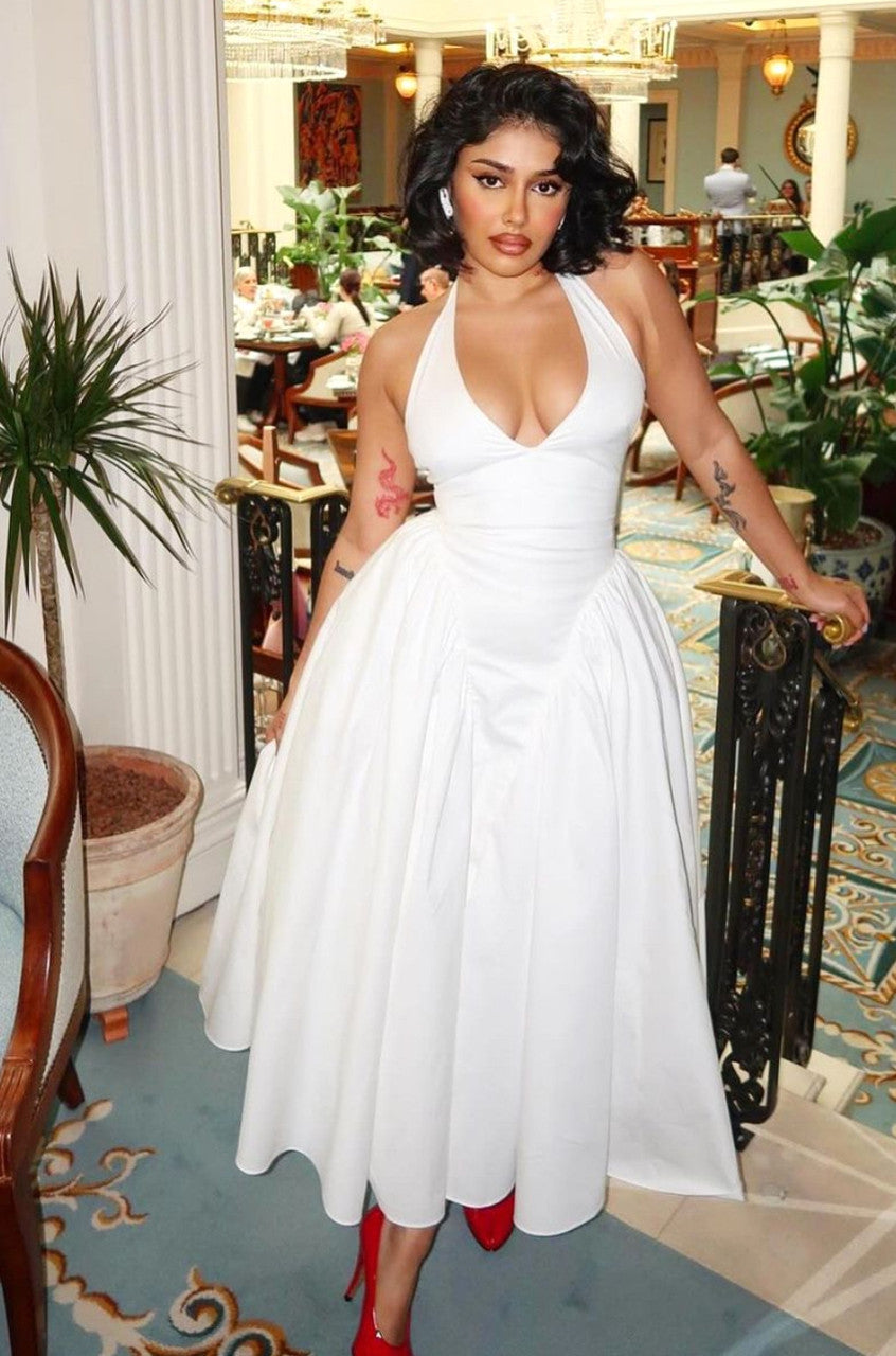 Halter A Line Midi Dress White