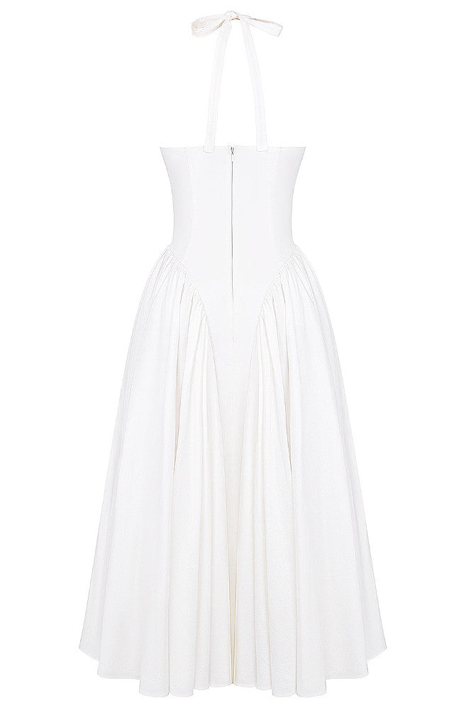 Halter A Line Midi Dress White