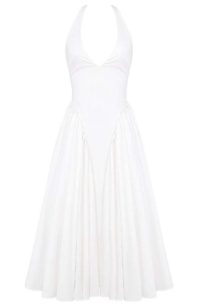 Halter A Line Midi Dress White