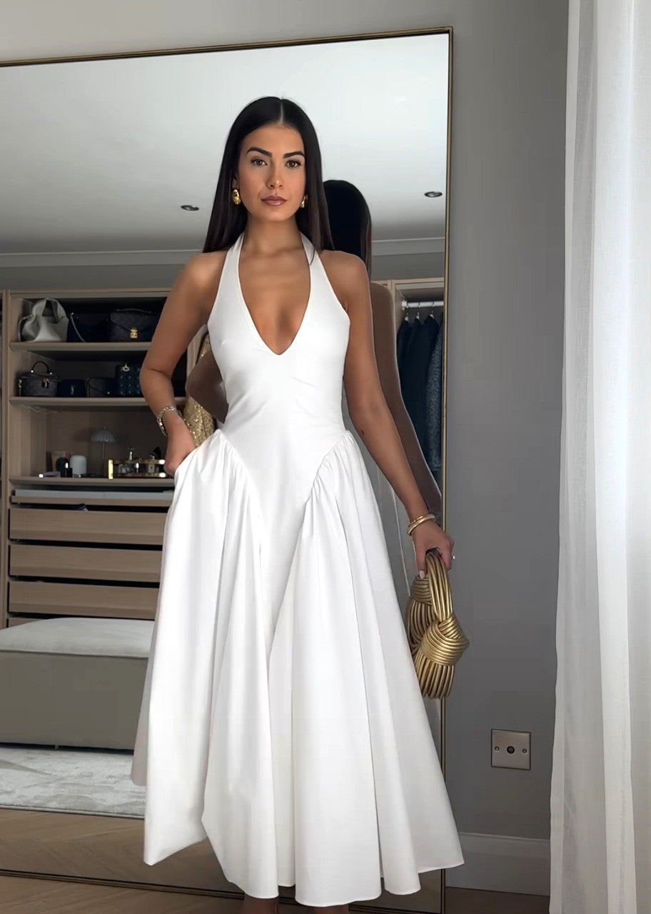 Halter A Line Midi Dress White