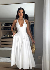 Halter A Line Midi Dress White