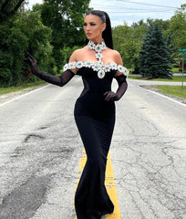 Halter Crystal Bardot Velvet Dress Maxi Black