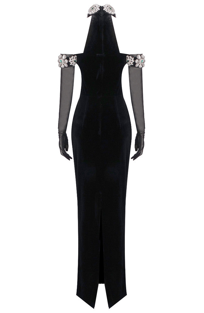 Halter Crystal Bardot Velvet Dress Maxi Black
