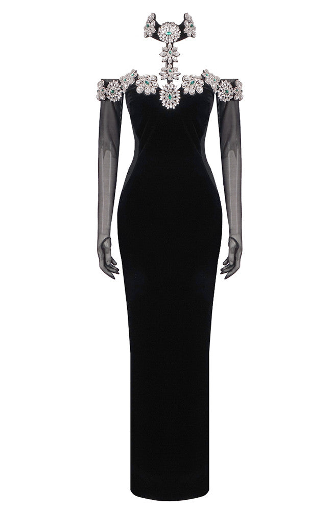 Halter Crystal Bardot Velvet Dress Maxi Black