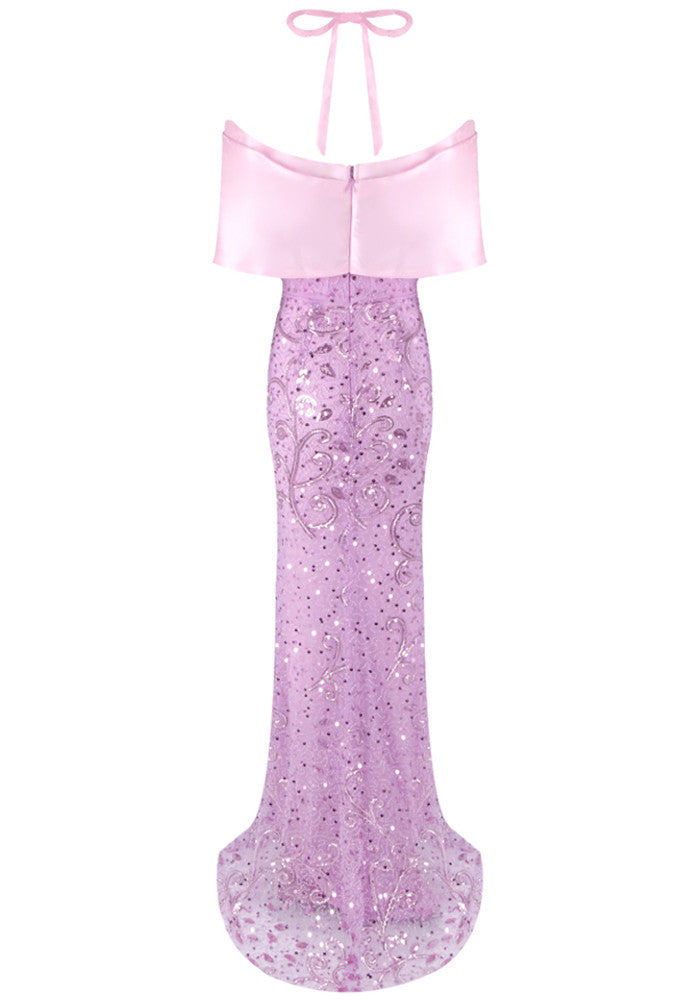 Halter Bardot Crystal Sequin Maxi Dress Pink