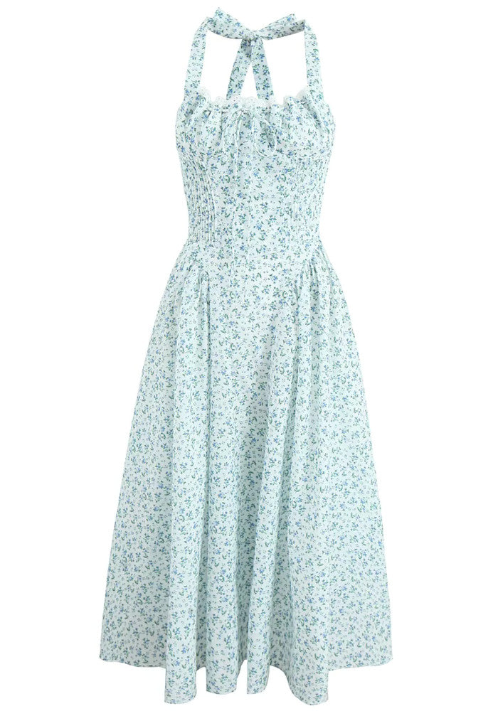 Halter Bustier Skater Midi Dress Floral Blue