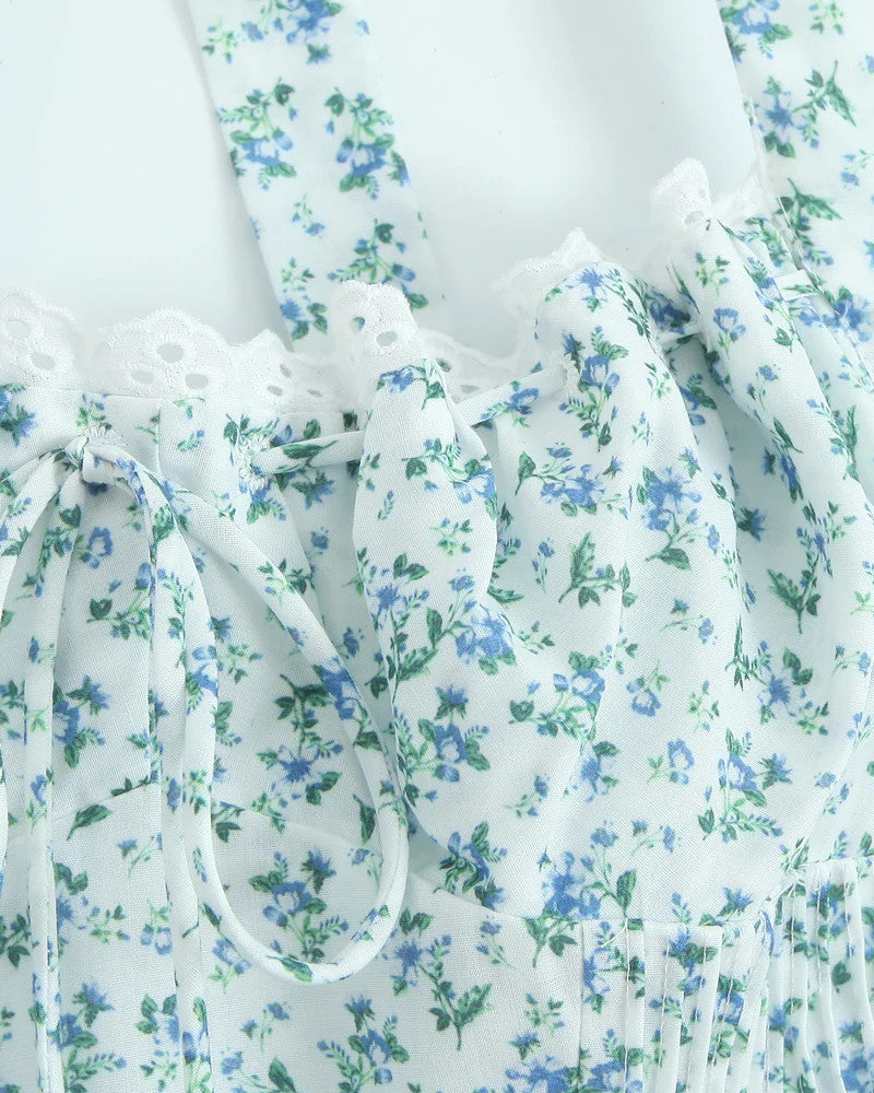 Halter Bustier Skater Midi Dress Floral Blue