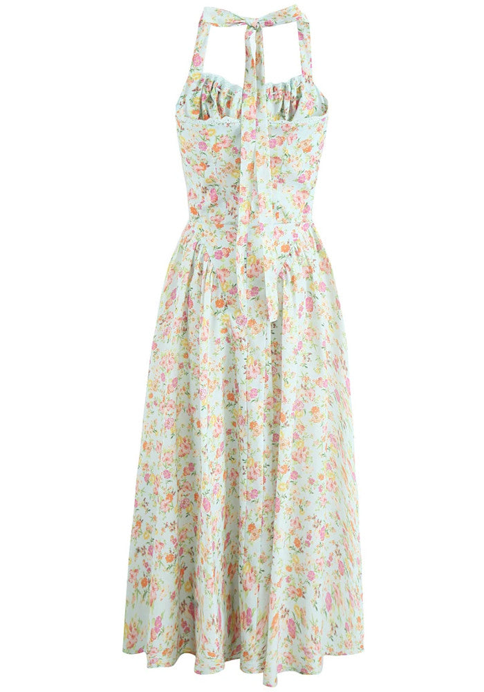 Halter Bustier Skater Midi Dress Floral Green