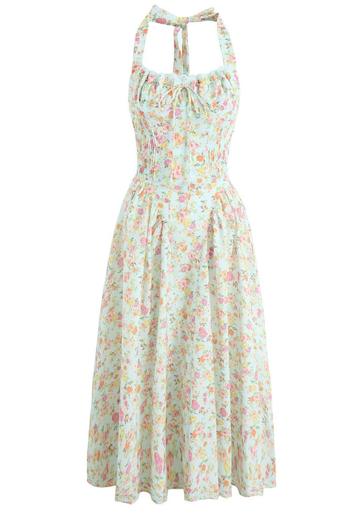 Halter Bustier Skater Midi Dress Floral Green