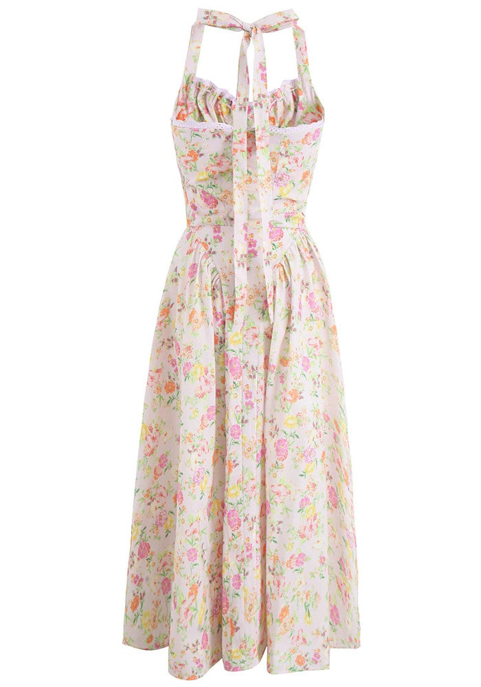 Halter Bustier Skater Midi Dress Floral Pink