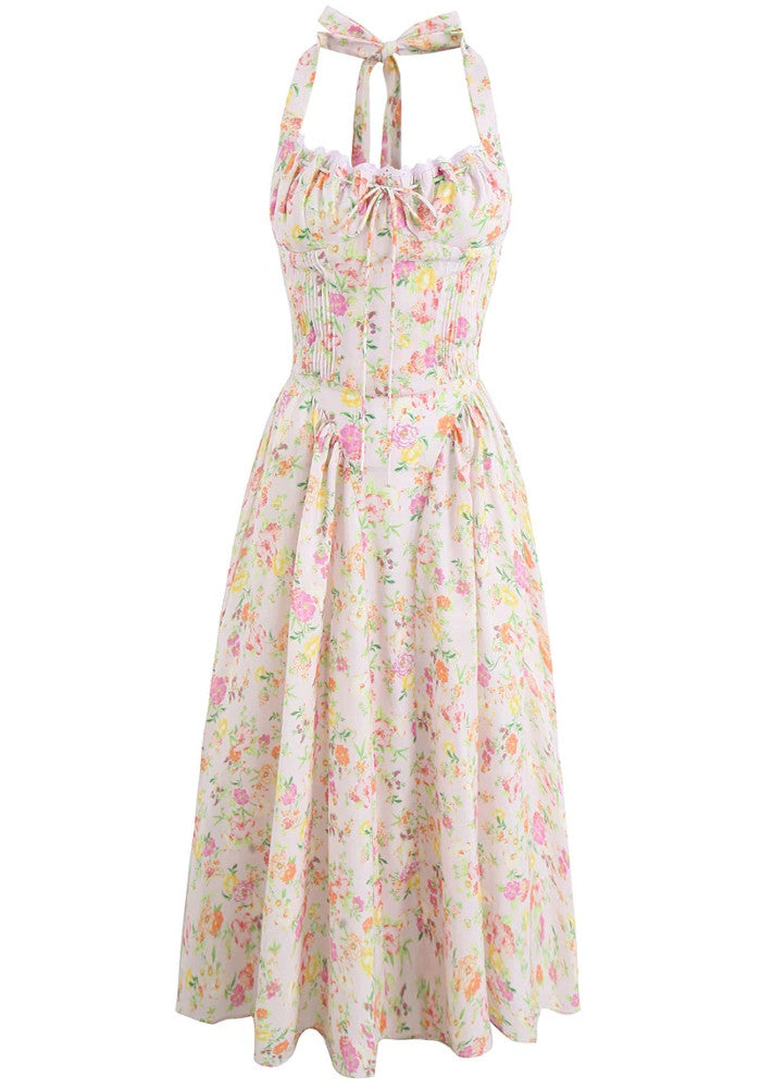 Halter Bustier Skater Midi Dress Floral Pink