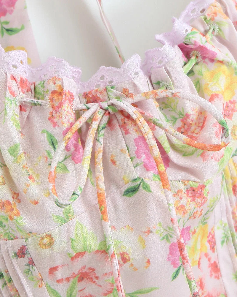Halter Bustier Skater Midi Dress Floral Pink