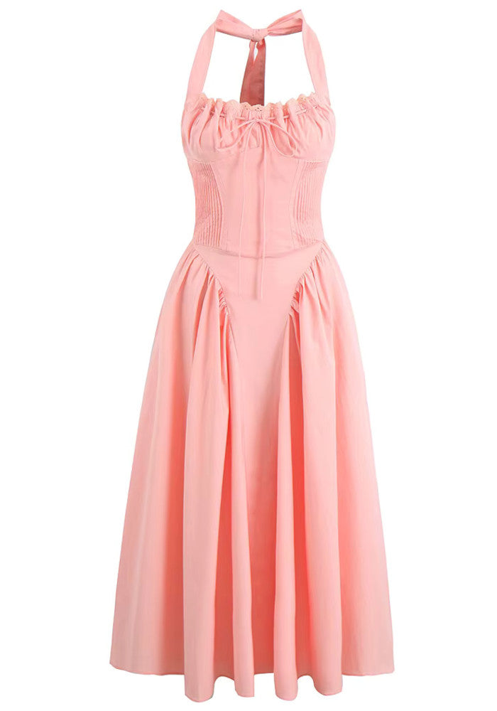 Halter Bustier Skater Midi Dress Pink