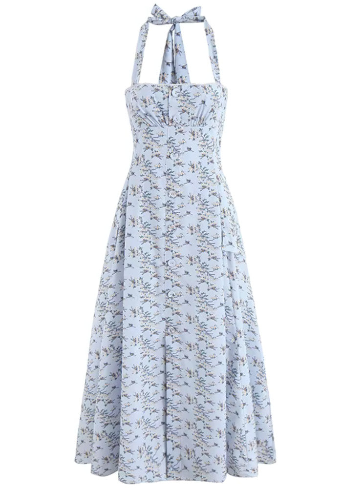 Halter Button Detail A Line Midi Dress Floral Blue