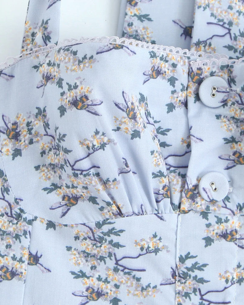 Halter Button Detail A Line Midi Dress Floral Blue