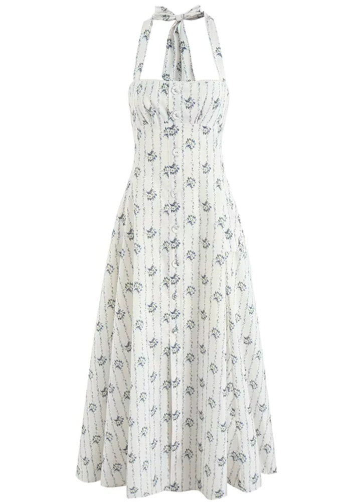 Halter Button Detail A Line Midi Dress Floral