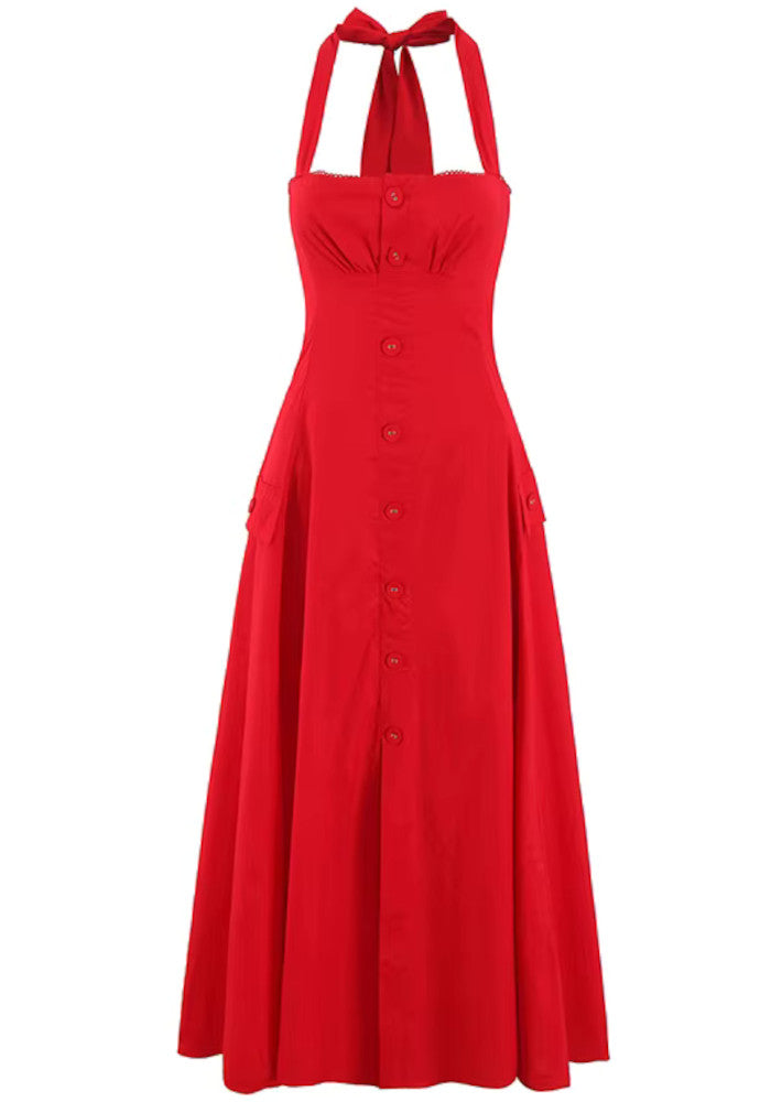 Halter Button Detail A Line Midi Dress Red