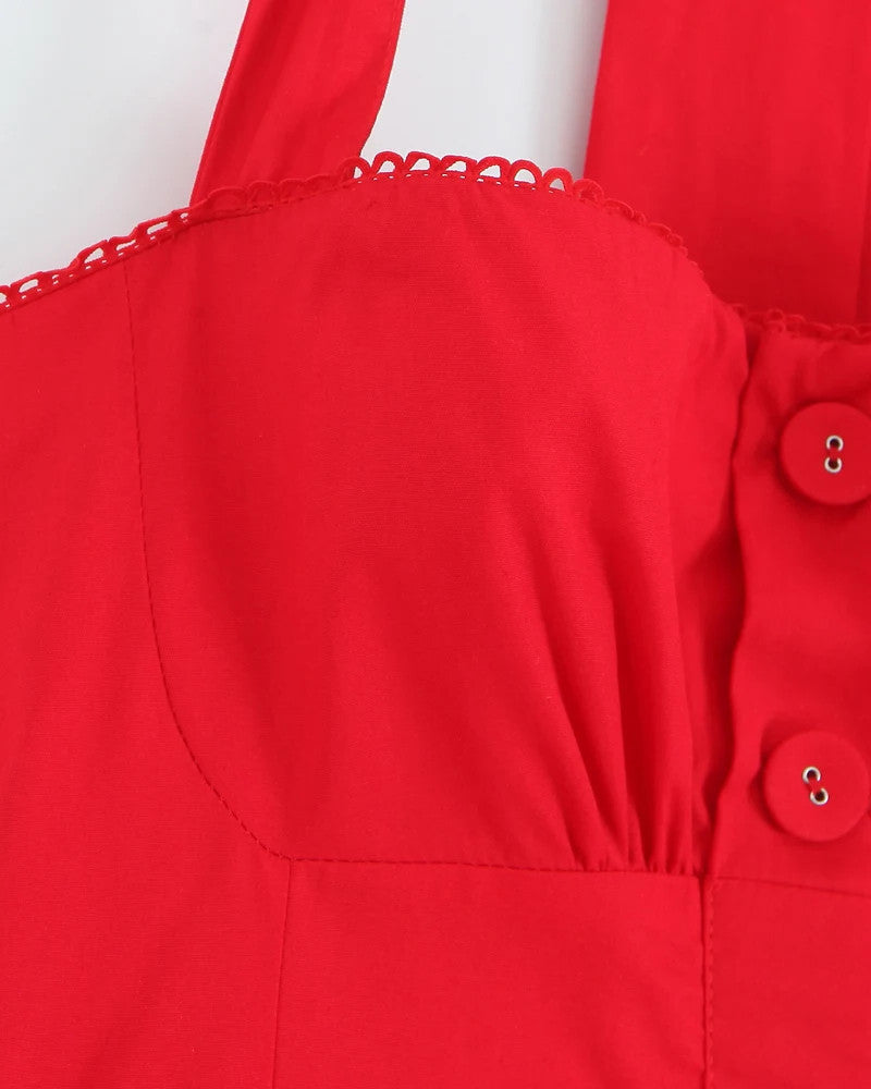 Halter Button Detail A Line Midi Dress Red
