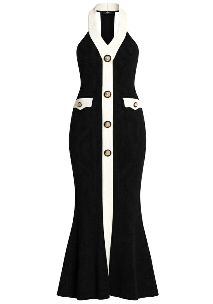 Halter Button Detail Maxi Dress Black White