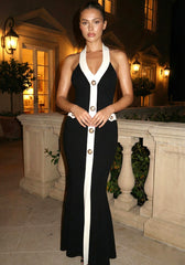 Halter Button Detail Maxi Dress Black White