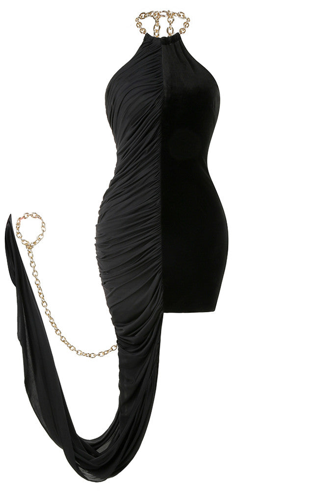 Halter Chain Detail Ruched Velvet Dress Black
