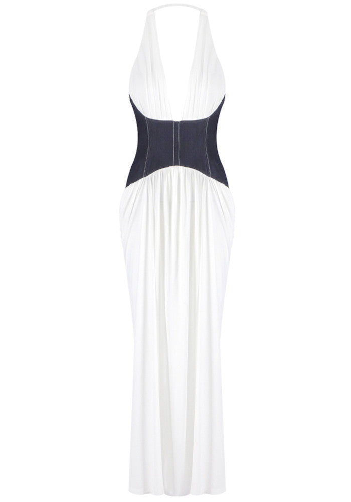 Halter Corset Draped Maxi Dress White