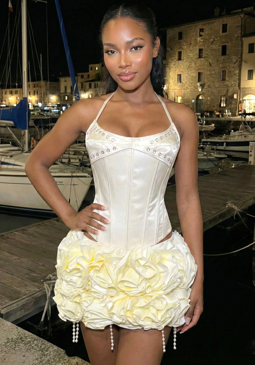 Halter Floral Corset Two Piece Dress Ivory