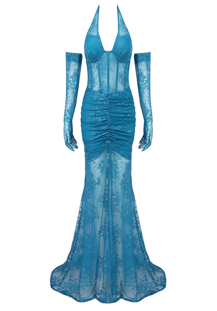 Halter Bustier Lace Mermaid Maxi Dress Blue