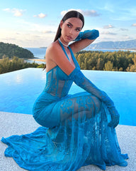 Halter Bustier Lace Mermaid Maxi Dress Blue