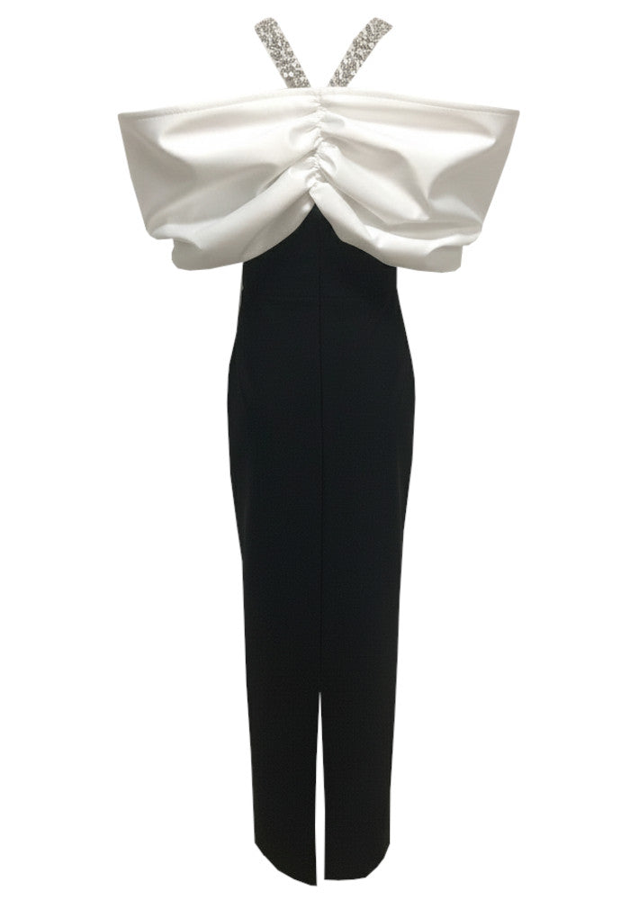 Halter Crystal Bardot Maxi Dress Black White