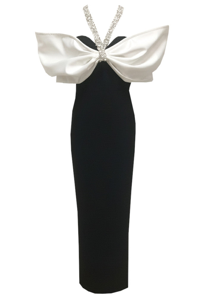 Halter Crystal Bardot Maxi Dress Black White