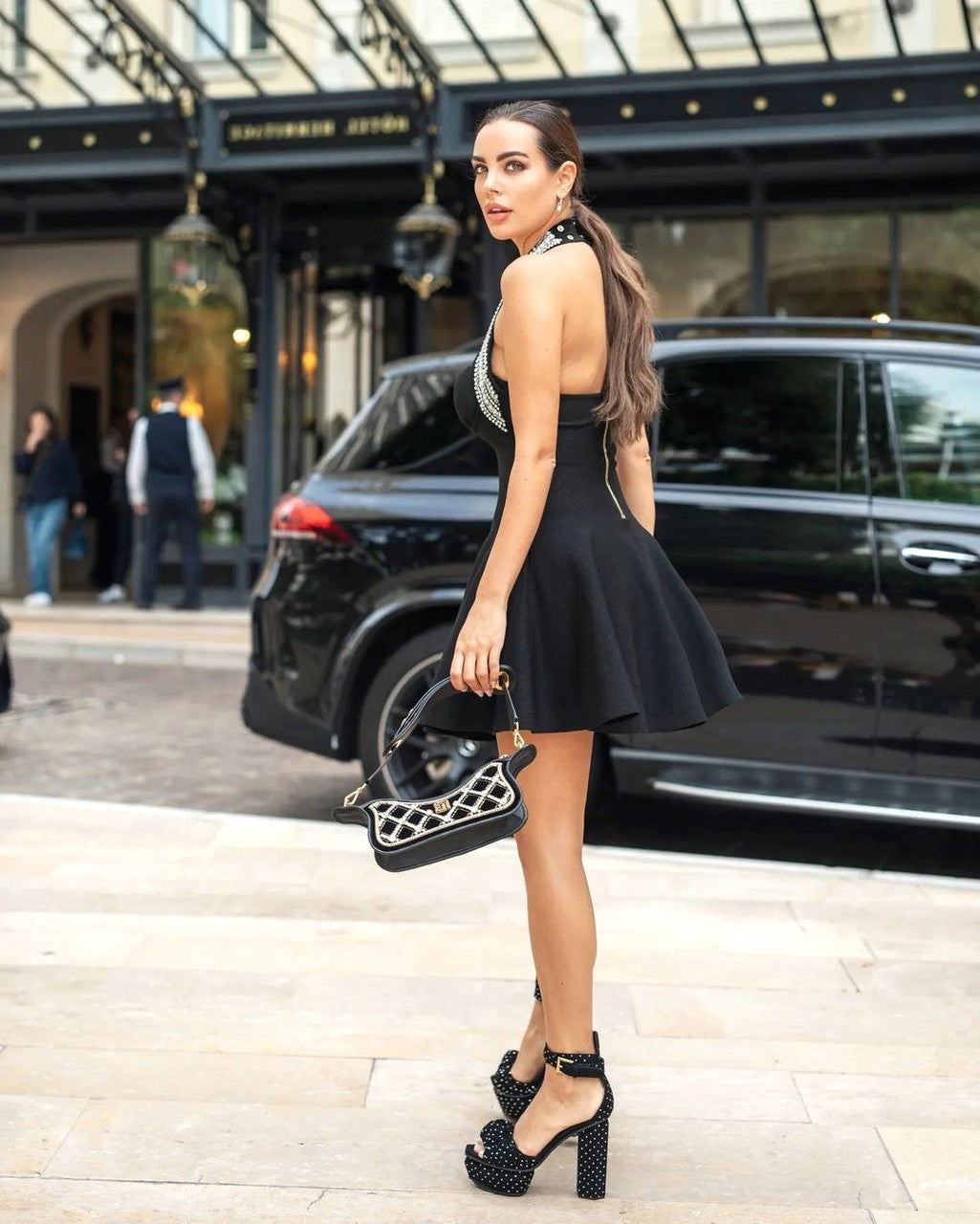 Halter Crystal Bustier A Line Dress Black