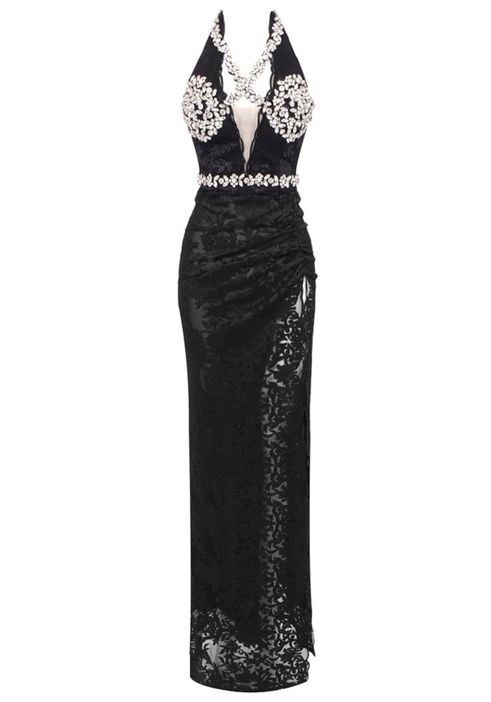 Halter Crystal Bustier Lace Maxi Dress Black