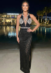 Halter Crystal Bustier Lace Maxi Dress Black