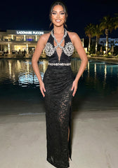 Halter Crystal Bustier Lace Maxi Dress Black
