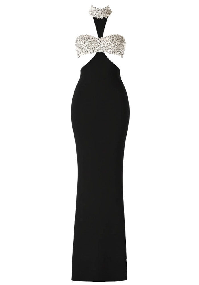 Halter Crystal Bustier Maxi Dress Black