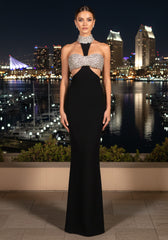 Halter Crystal Bustier Maxi Dress Black