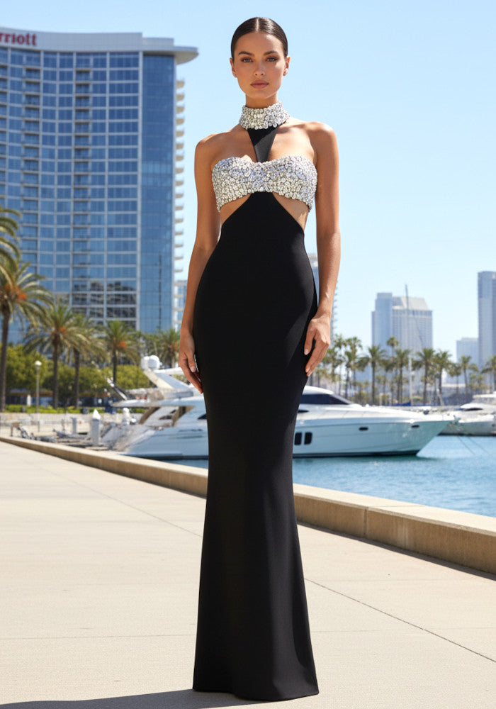 Halter Crystal Bustier Maxi Dress Black