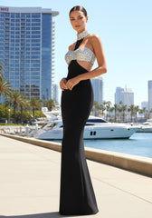 Halter Crystal Bustier Maxi Dress Black